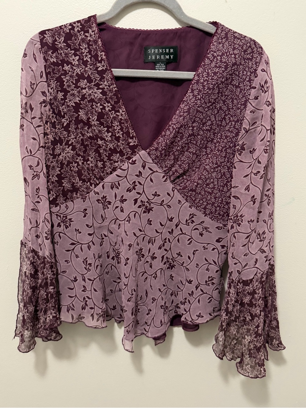 Spenser Jeremy Silk Large Floral Boho Blouse Purple Bell Vintage Y2K